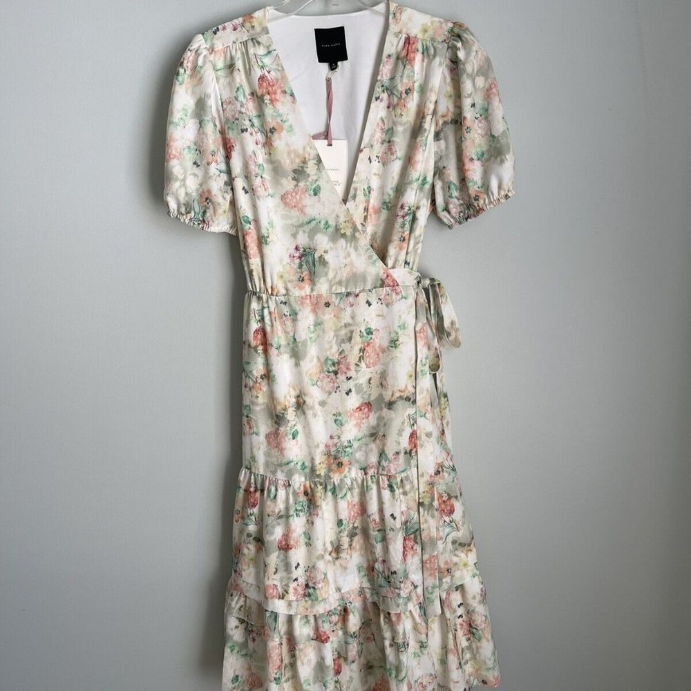 New Alex Marie Multicolor Floral Short Sleeve Maxi Wrap Dress Ruffles Ea…